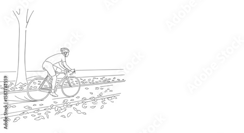 Man cycling on park path with fallen autumn leaves sketch