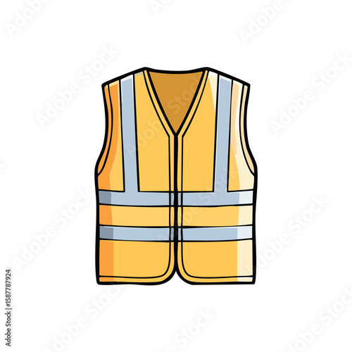 Illustrated yellow safety vest with reflective stripes, isolated on white background.