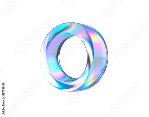 Twisted holographic 3D letter O with a glossy iridescent surface and vibrant prismatic color reflections.