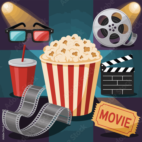 Classic movie theater concessions including popcorn soda 3d glasses film reel and clapperboard