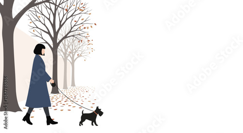  Woman walking dog in park with bare autumn trees illustration