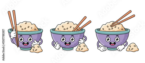 Cute cartoon bowls of rice with chopsticks and happy faces in various poses