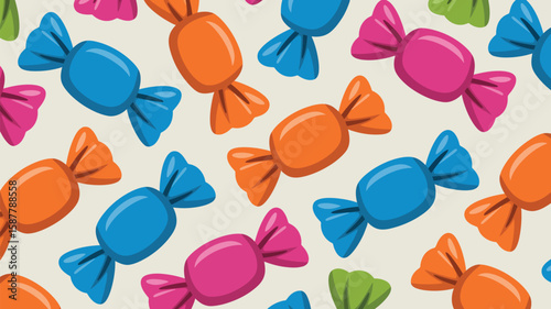 Seamless pattern of colorful wrapped candies in bright blue orange and pink hues
