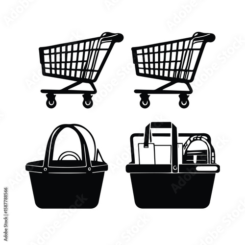 Shopping cart and baskets in silhouette, various styles. Simple black and white illustrations of shopping carts and baskets, showing different types and contents.