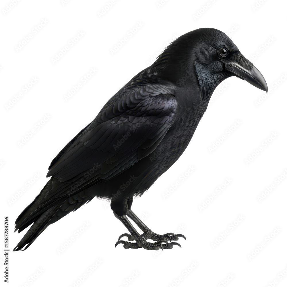 Obraz premium Detailed Black Raven Bird Standing Isolated on White Background Product Shot