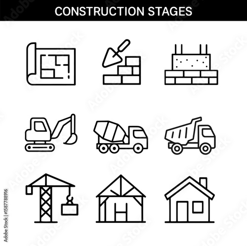 Set of construction outline icons with blueprint, trowel, brick wall, concrete foundation, excavator, cement mixer, dump truck, crane, house under construction, and finished house