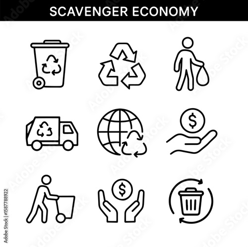 Set of scavenger economy outline icons. Recycling bin, recycling symbol, garbage bag, garbage truck, globe and recycling, hand holding coin, person pushing cart, hands holding coin, circular economy