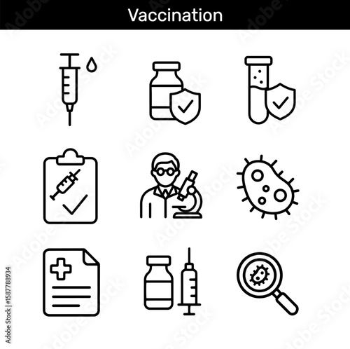 Set of vaccination outline icons with syringe, vaccine vial, test tube, doctor, bacteria, and magnifier