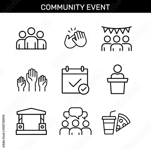 Set of community event outline icons with group, applause, bunting, raised hands, calendar, speaker, stage, discussion, drink, and pizza