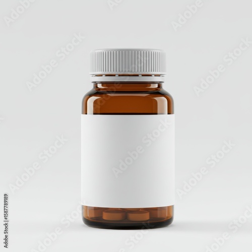 Amber glass pill bottle mockup with white label and visible tablets