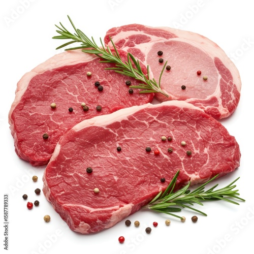 Three raw steaks and a pork chop seasoned with peppercorns and rosemary on a white background
