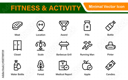 Fitness and activity icon set. Collection of strength training, cardio, stretching, sports ball, stopwatch, and nutrition line icons.