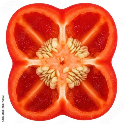 Cross section of a vibrant red bell pepper revealing seeds and inner structure