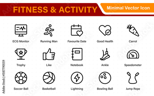Fitness and activity icon set. Collection of strength training, cardio, stretching, sports ball, stopwatch, and nutrition line icons.