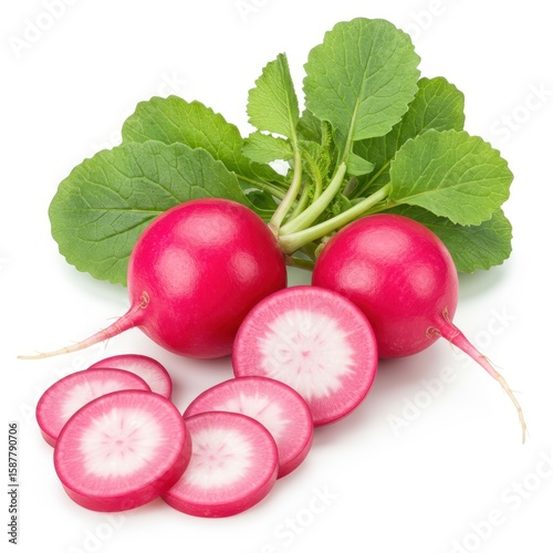 Fresh radishes with vibrant pink skin and white interiors some sliced