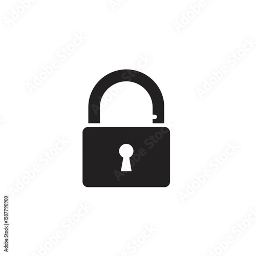 A black silhouette of an unlocked padlock, with the shackle open and keyhole visible, set against a white background.