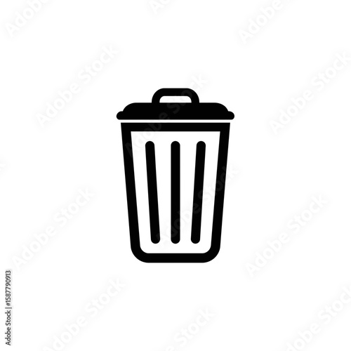 A simple, minimalist black and white icon of a trash can with a lid.