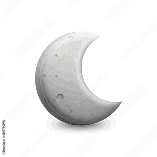 Crescent moon illustration with detailed surface texture and craters, casting a subtle shadow on a white background.