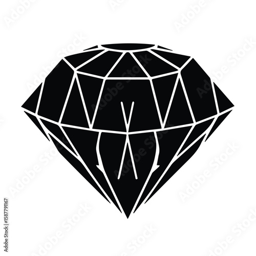 Diamond graphic design element in minimalist style. Silhouette of a diamond with intricate facets against a plain background.