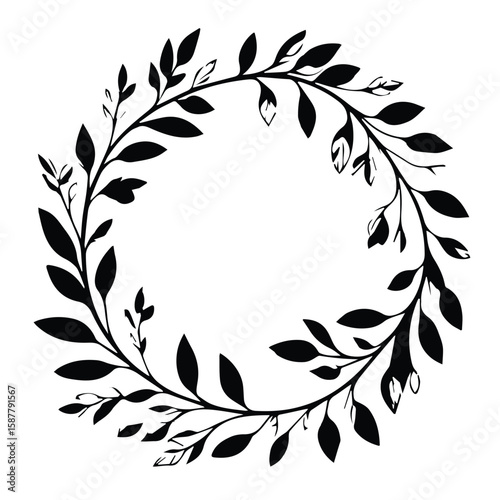 Floral wreath design in black and white silhouette. Circular frame of leaves and blossoms with no people or specific setting.