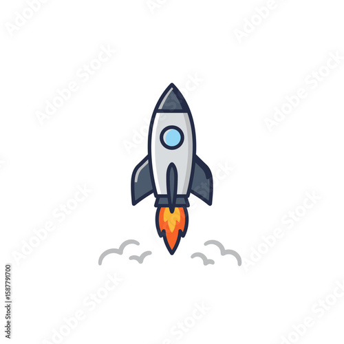 Cartoon rocket ship taking off, emitting flames and smoke, against a white background, representing launch, startup, or space exploration.