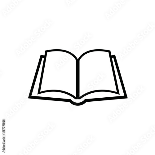 Simple black and white line art illustration of an open book, viewed from the front, showing blank pages.