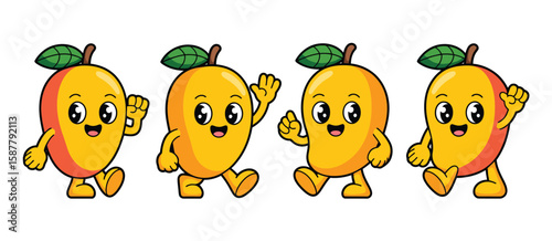 Four happy cartoon mango characters with leaves walking and waving