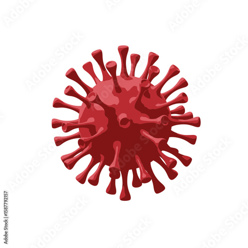 Illustration of a red coronavirus particle with spike proteins on a white background.
