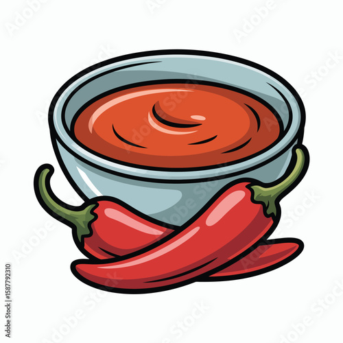 Bowl of spicy red chili sauce with two fresh red chili peppers