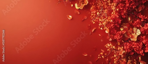 Red surface with scattered flowers and petals
