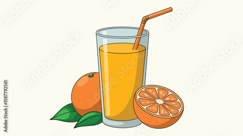 Refreshing glass of orange juice with whole and sliced oranges and green leaves
