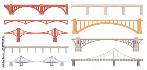 Collection of various bridge types and architectural styles in flat design
