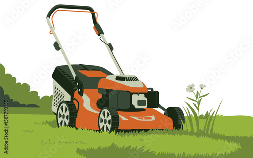 Modern orange and black lawn mower on green grass with white flowers
