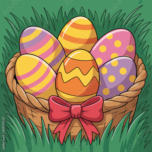 Colorful easter eggs in a woven basket decorated with a red bow surrounded by green grass