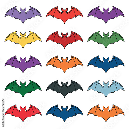 Collection of colorful cartoon bats in various colors arranged in rows