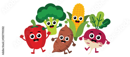 Happy cartoon vegetables group waving hello on white background