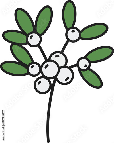 Stylized illustration of a holly sprig with white berries and green leaves.