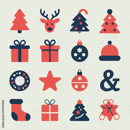 Collection of flat christmas icons featuring trees presents ornaments reindeer and stars