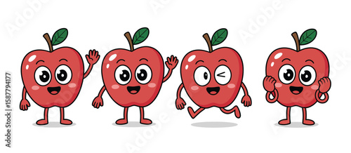 Four cute cartoon apples with different happy expressions and poses