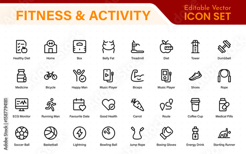 Fitness and activity icon set. Collection of strength training, cardio, stretching, sports ball, stopwatch, and nutrition line icons.