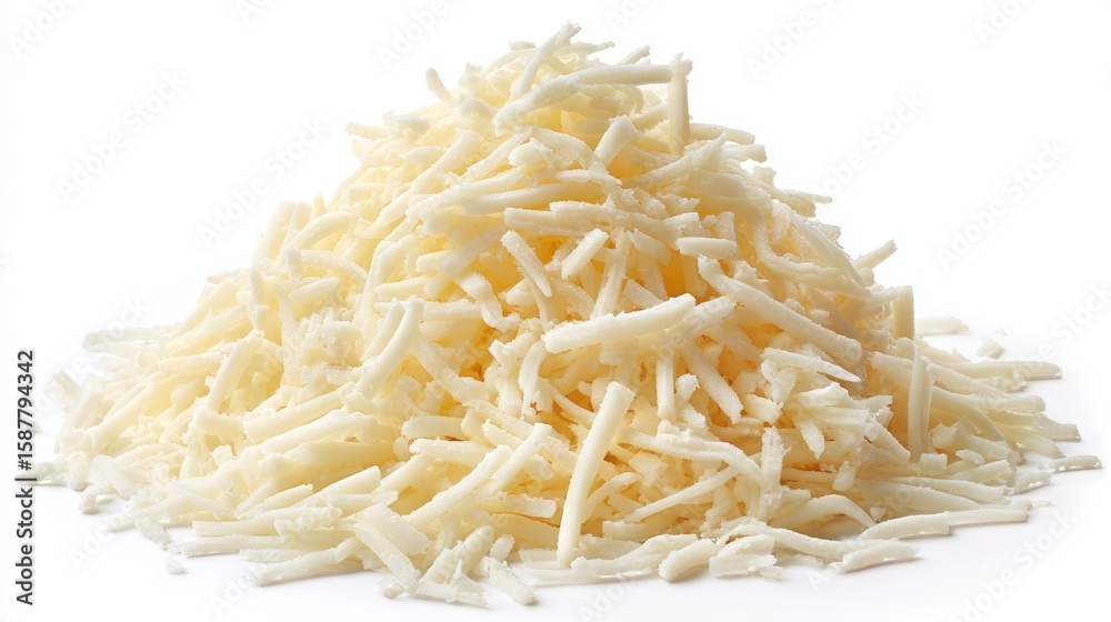 Fototapeta premium A heap of finely shredded white cheese isolated on a white background, showcasing texture and freshness.