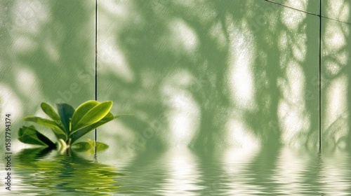 Green leaves emerge from water, casting soft shadows on a textured wall, creating a serene and tranquil natural scene.