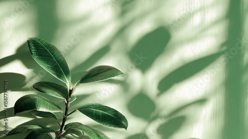 Green leaves casting shadows on a textured light green wall, creating a serene and natural atmosphere.