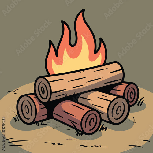 Stylized illustration of a campfire with burning logs and flames on a neutral background