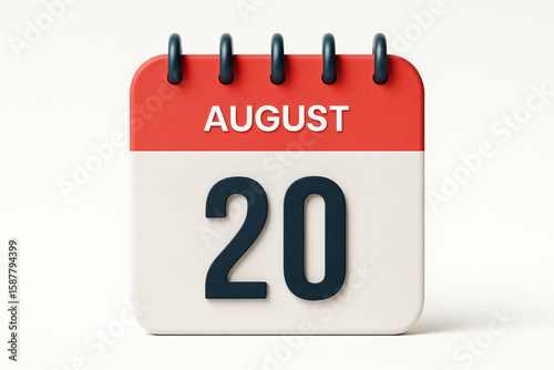 Calendar Icon Illustrating August 20th Date Reminder with Red Top and White Bottom on Clean White Background in 3D Rendering