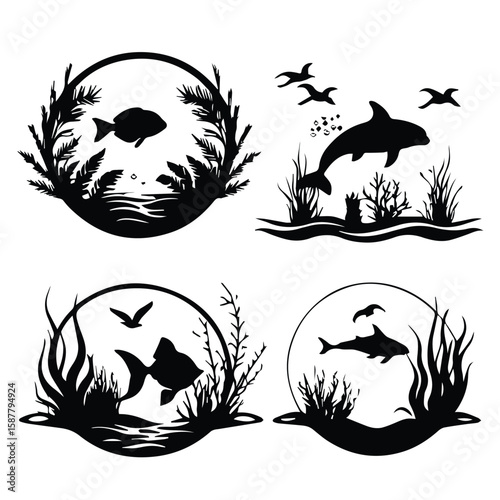 Oceanic wildlife silhouettes in circular frames. Silhouette illustrations of fish, dolphins, and birds in aquatic settings.