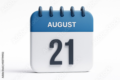 Calendar Icon Illustrating August 21st Date Reminder with Blue Top and White Bottom on Clean White Background in 3D Rendering