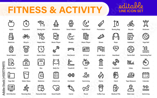 Fitness and activity icon set. Collection of strength training, cardio, stretching, sports ball, stopwatch, and nutrition line icons.
