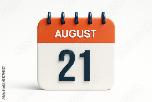 Calendar Icon Illustrating August 21st Date Reminder with Orange Top and White Bottom on Clean White Background in 3D Rendering