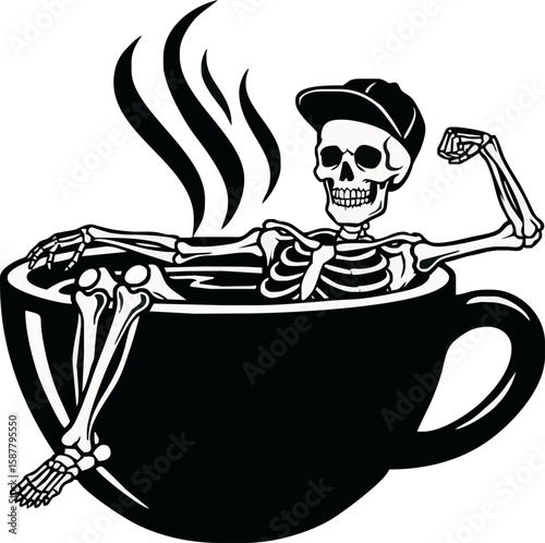 A skeleton wearing a cap relaxes inside a large coffee cup with steam rising.